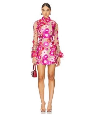 Elliatt Floral Appliqué Mini Dress in Pink, Red, Cream